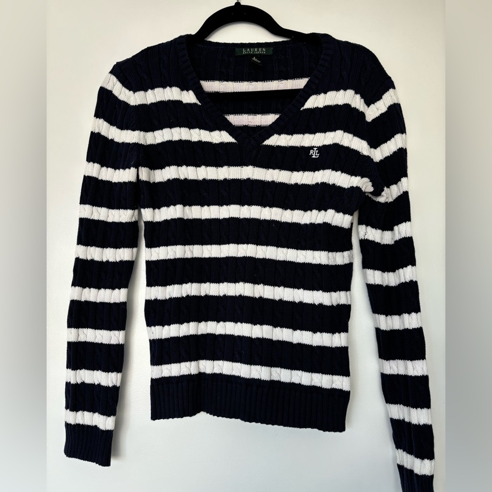 Ralph Lauren long sleeve, navy blue and white striped